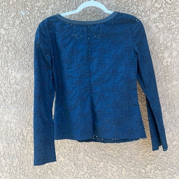 TIBI Navy Blue Eyelet Blouse Size 4 Leather Trim Neck Bow Details - Picture 3 of 12